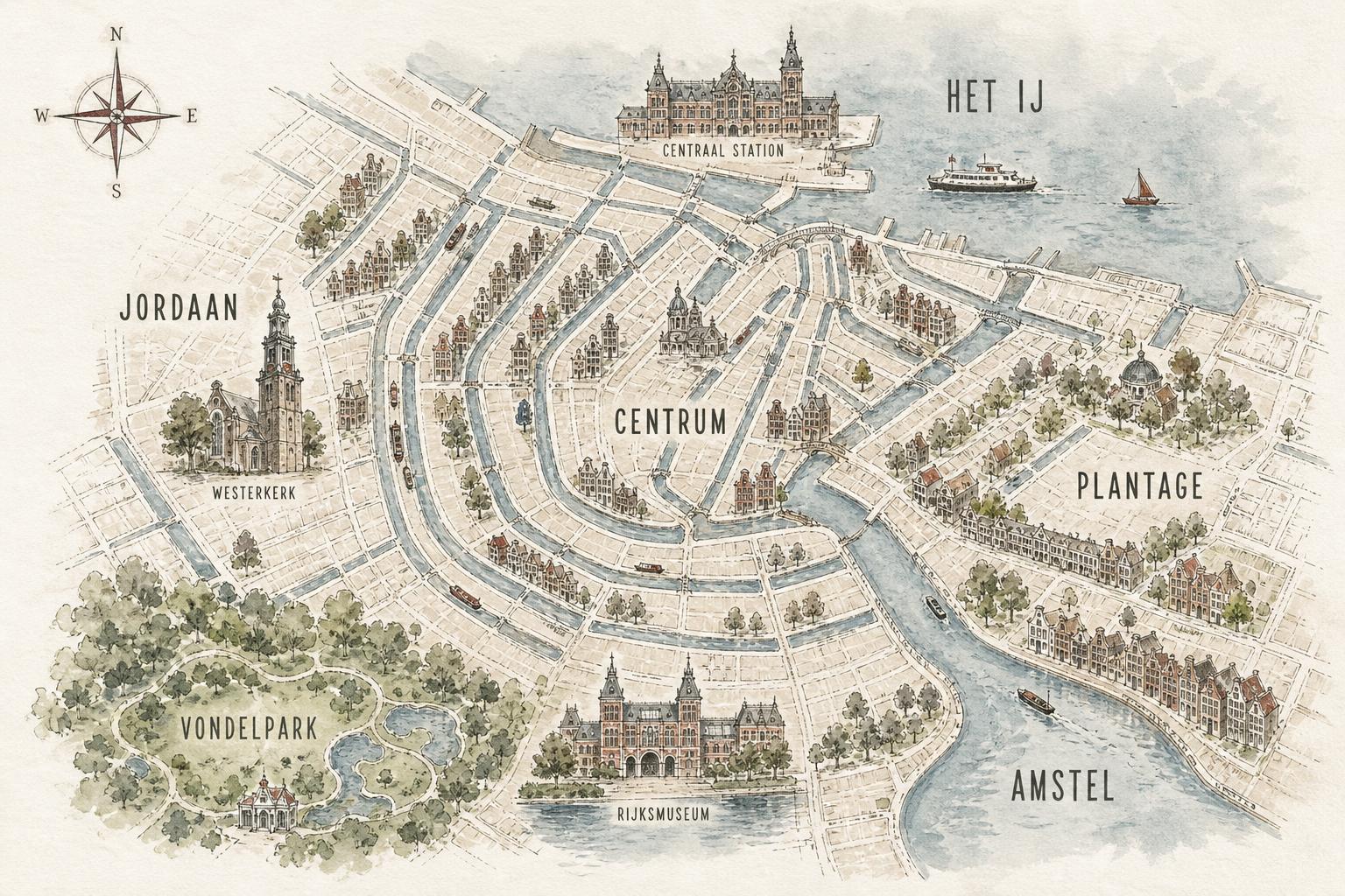 Hand-drawn illustrated map of central Amsterdam showing the canal belt, Centraal Station, Westerkerk, Vondelpark, Rijksmuseum and the Amstel river.