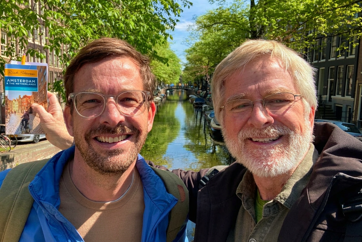 Dennis Gerrits with travel writer Rick Steves on an Amsterdam canal, holding the Rick Steves Amsterdam & The Netherlands guidebook